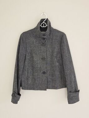 Emanuel Ungaro Grey Pleated Back Swing High Neck Jacket Size 10 Wool